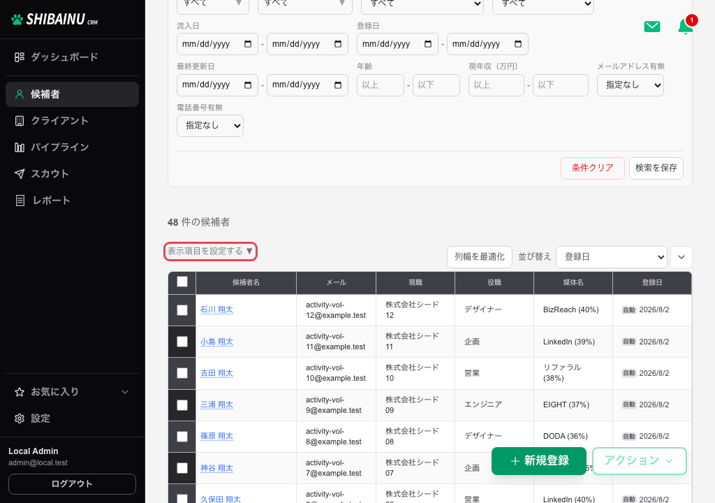 テーブルの左上に「表示項目を設定する」が表示されている