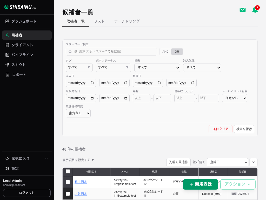 候補者一覧の画面。上部に検索条件、下に候補者のテーブルが並んでいる