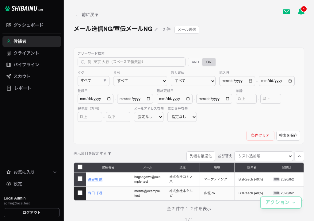 リスト詳細。リストに含まれる候補者が一覧表示される