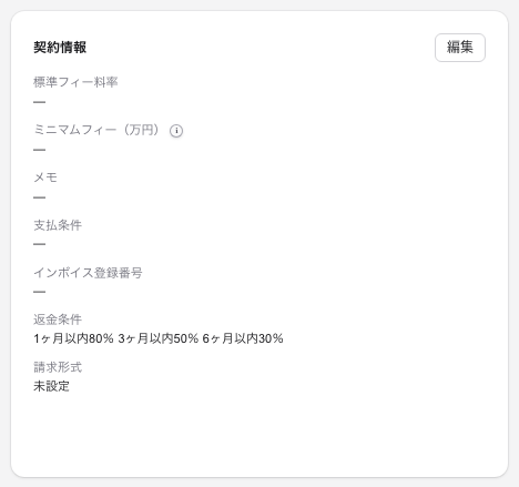 契約情報。標準フィー料率・支払条件・返金条件などが並ぶ