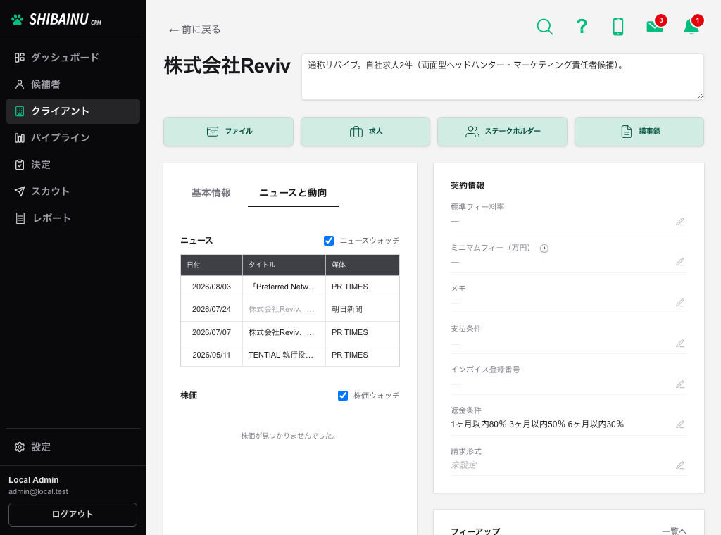 ニュースと動向タブ。ニュースの一覧と、株価のセクションが並ぶ