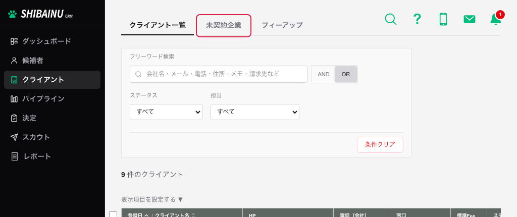 クライアント画面の上部。クライアント一覧・未契約企業・フィーアップのタブが並び、未契約企業が囲まれている