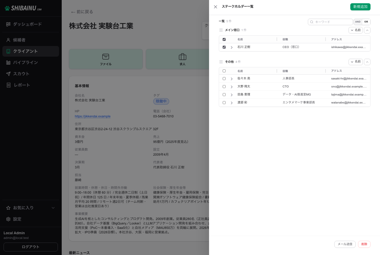 ステークホルダー一覧。チェックを入れると右下に「メール送信」が出る