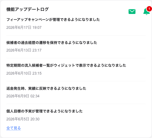 機能アップデートログウィジェット。新しい順に告知のタイトルと日時が並んでいる