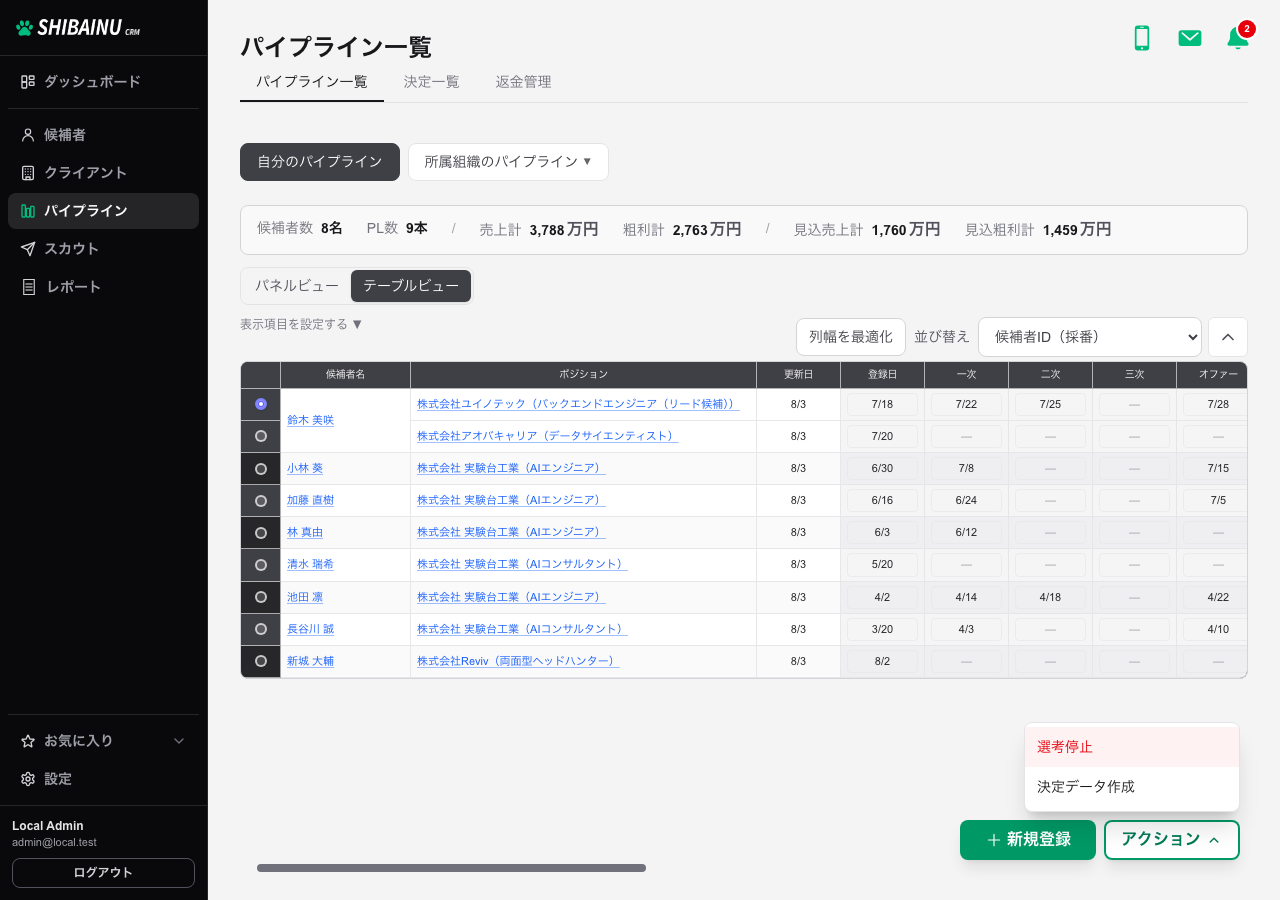 行を選んでアクションを開いたところ。選考終了と決定データ作成が並ぶ