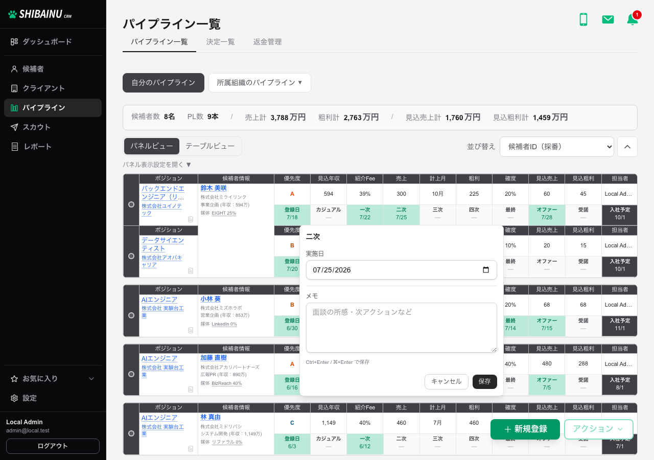 パネルビューでセルを押したところ