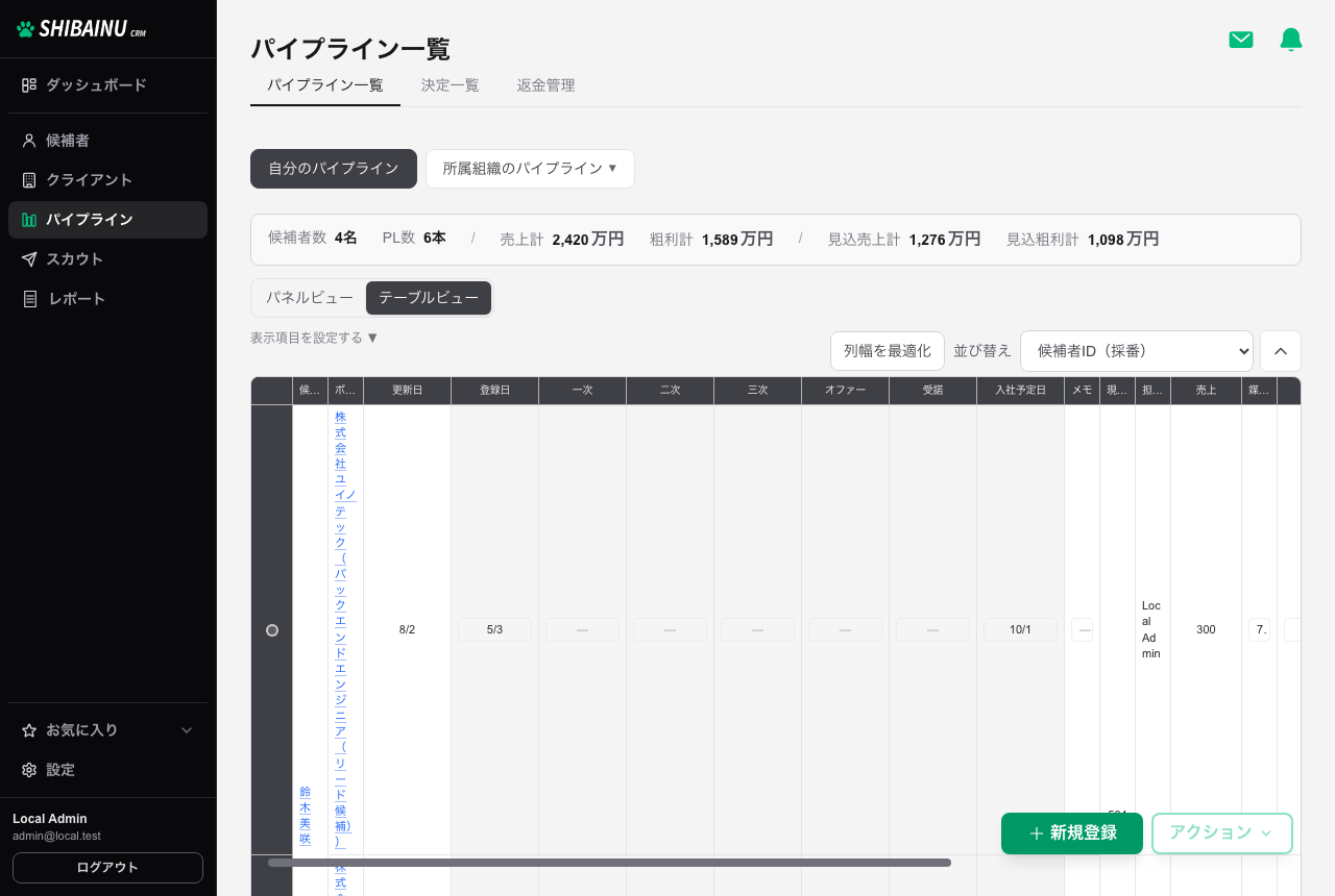 テーブルビュー。選考ステップが日付付きで表示される