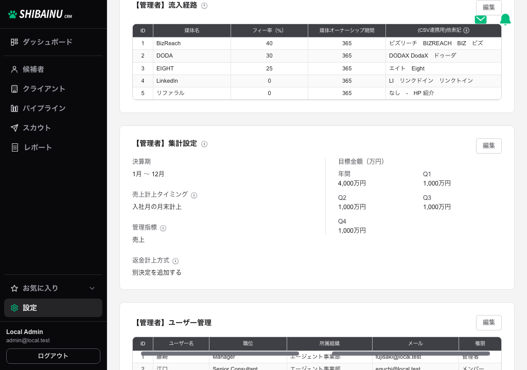 流入経路の設定。媒体ごとの料率と期間が並ぶ